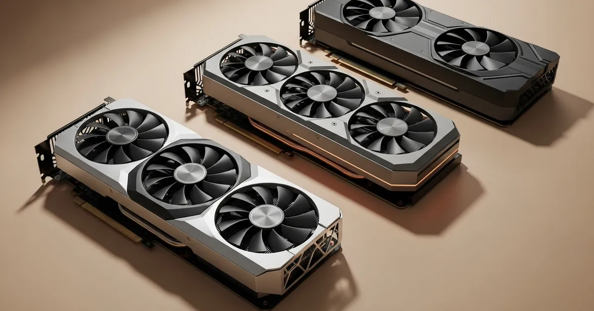 Trois cartes graphiques PC haut de gamme posées sur un fond clair — comparatif Espace Tech 2026