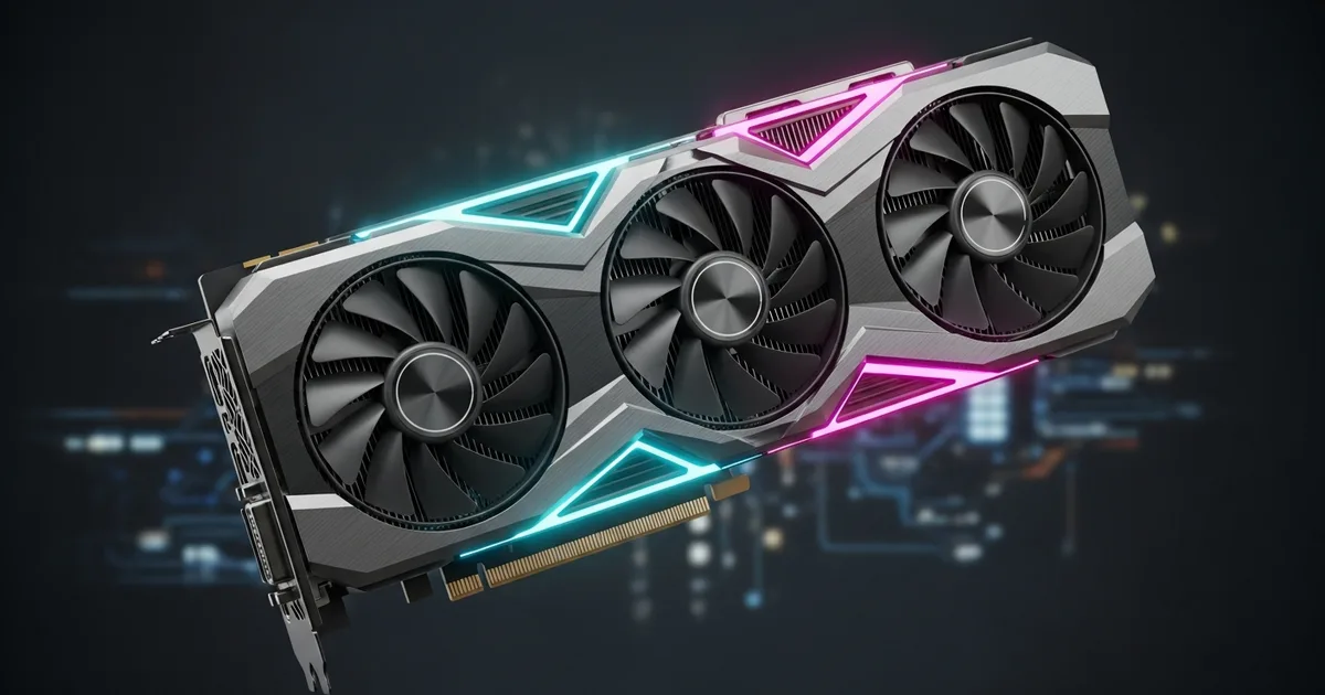 Carte graphique gaming triple ventilateur avec éclairage néon cyan et magenta — guide d’achat Espace Tech 2026