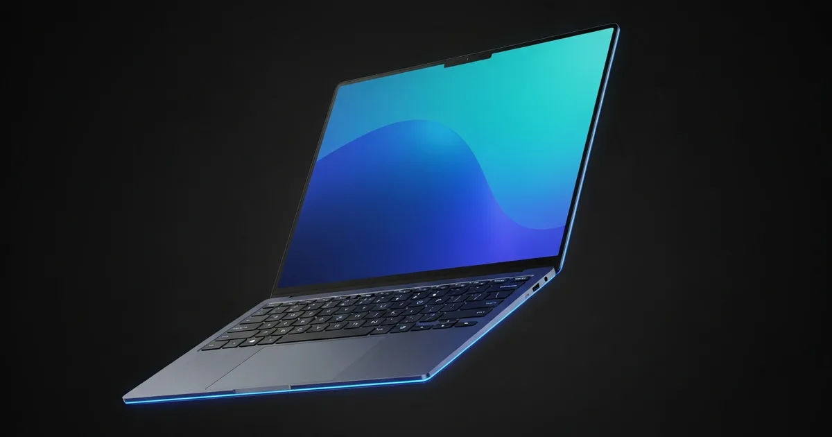 Ordinateur portable moderne ouvert, éclairage néon bleu — guide d’achat Espace Tech 2026